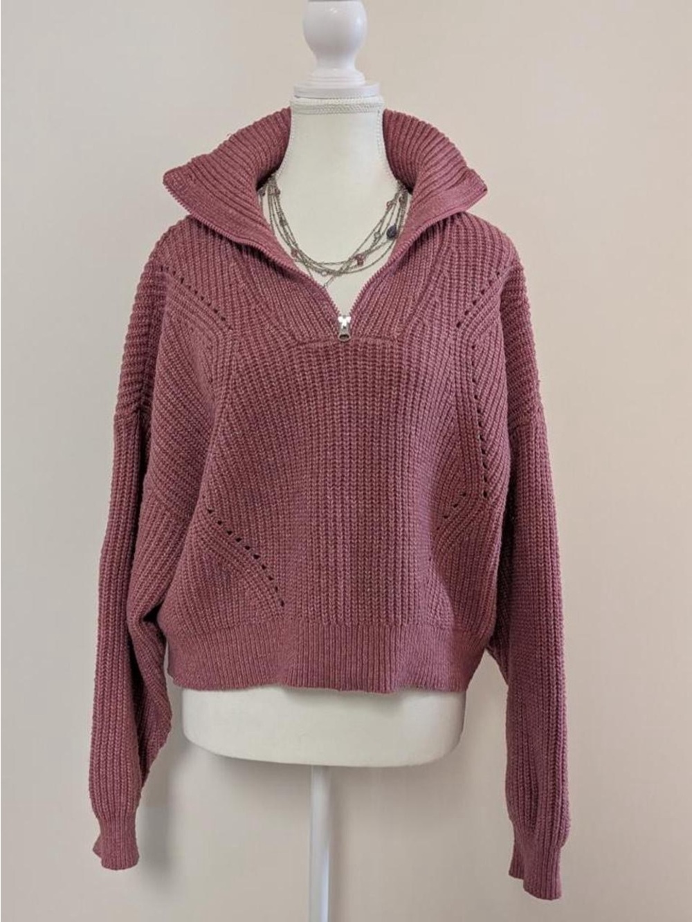 Sugar Dusty Rose Half-Zip V-Neck Knit Sweater